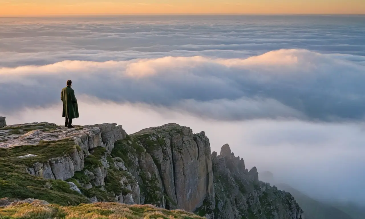 Une silhouette contemplative surplombe des nuages