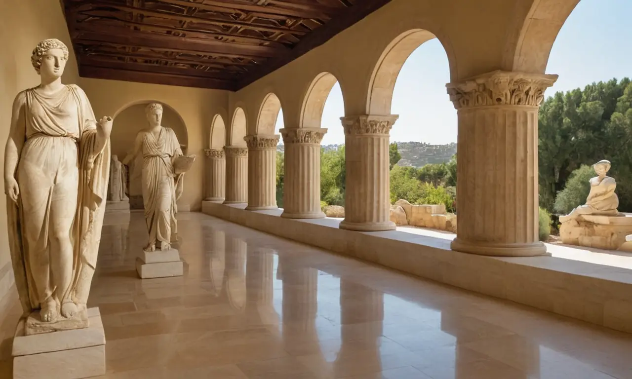 Galerie grecque antique avec sculptures majestueuses