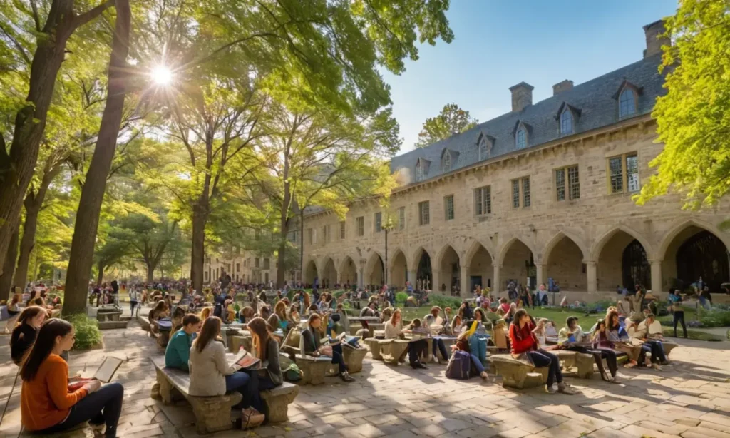 Vie universitaire animée sous un ciel bleu