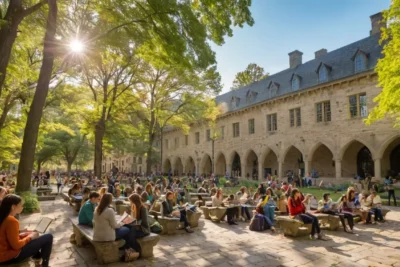Vie universitaire animée sous un ciel bleu