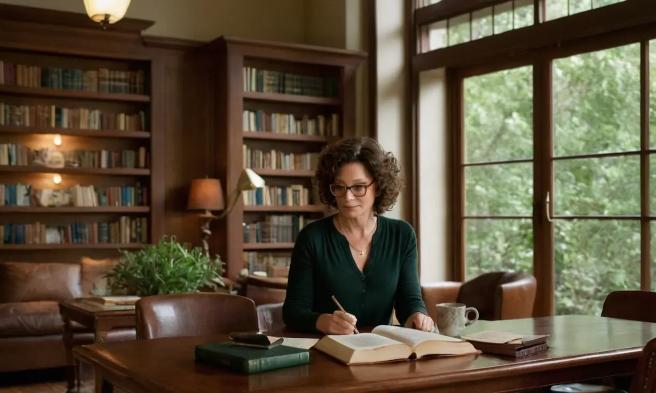 Bibliothèque sereine, lumière douce, concentration profonde