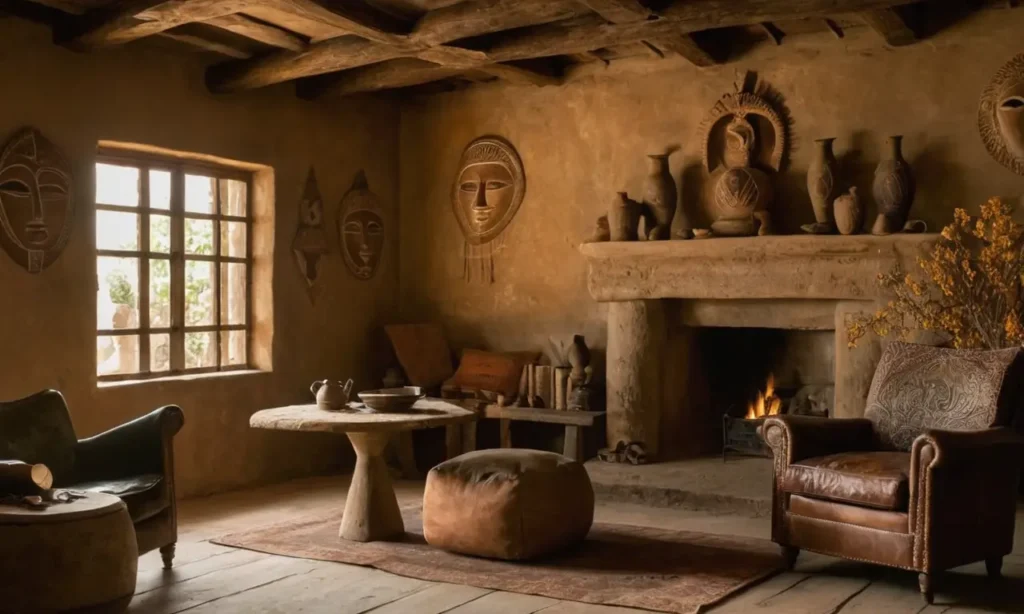 Une pièce sombre avec des artefacts culturels