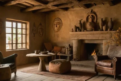 Une pièce sombre avec des artefacts culturels