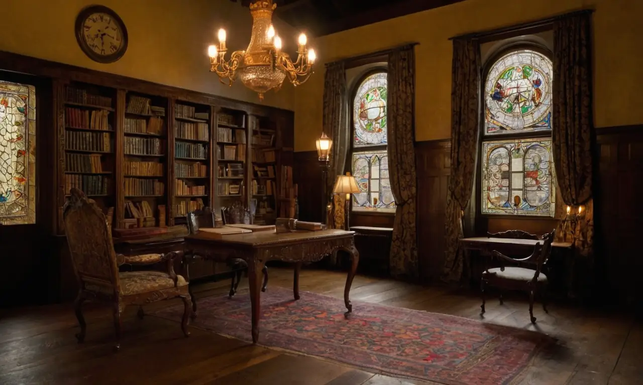 Bibliothèque chaleureuse, livres anciens et lumière douce