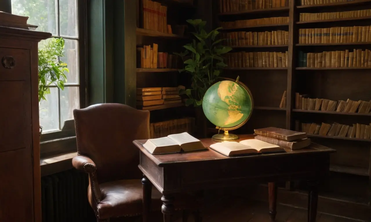 Un bureau ancien rempli de livres et lumière