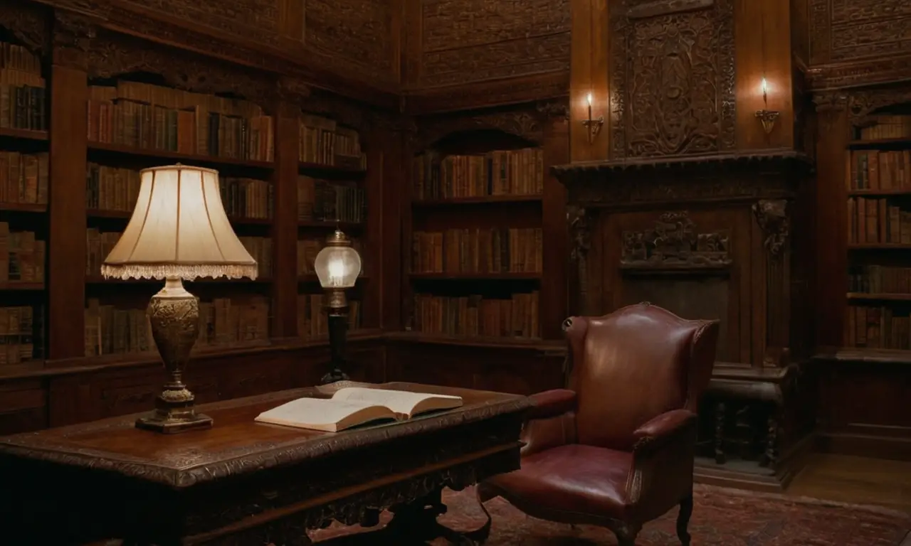 Bibliothèque sombre, livres anciens, calme propice à la réflexion