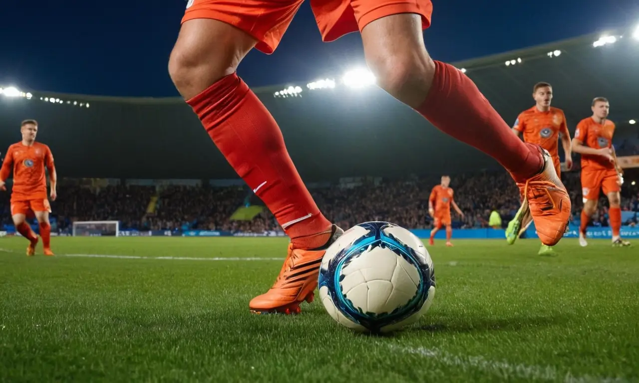 Terrain de foot vibrant, joueurs concentrés, intensité