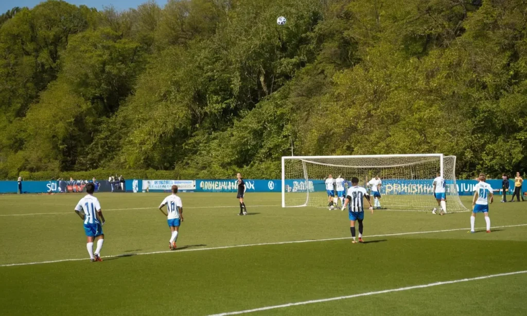 Terrain de football vibrant sous un ciel bleu