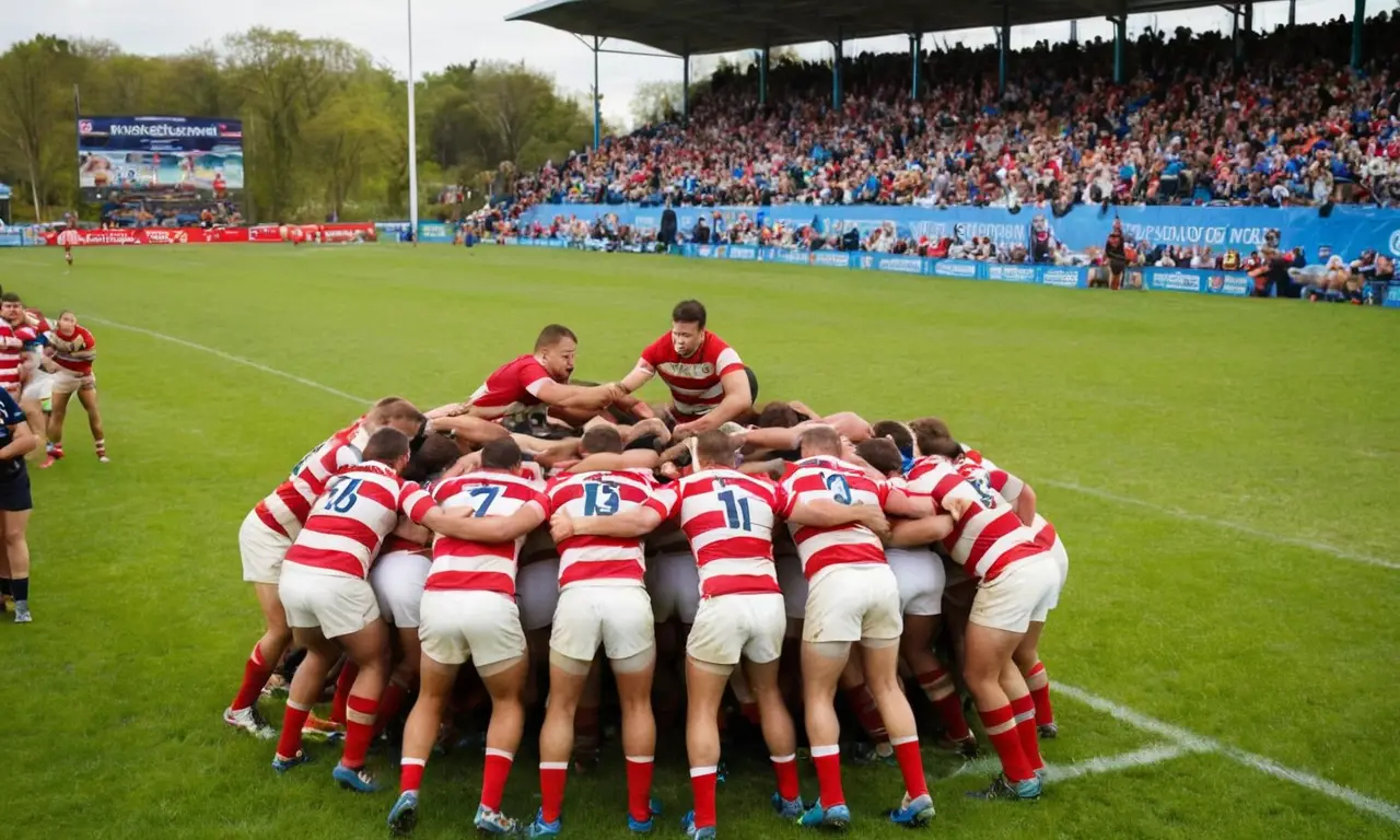 Champ de rugby animé avec joueurs concentrés