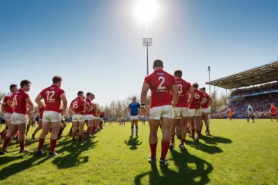 Terrain de rugby vibrant sous un ciel clair