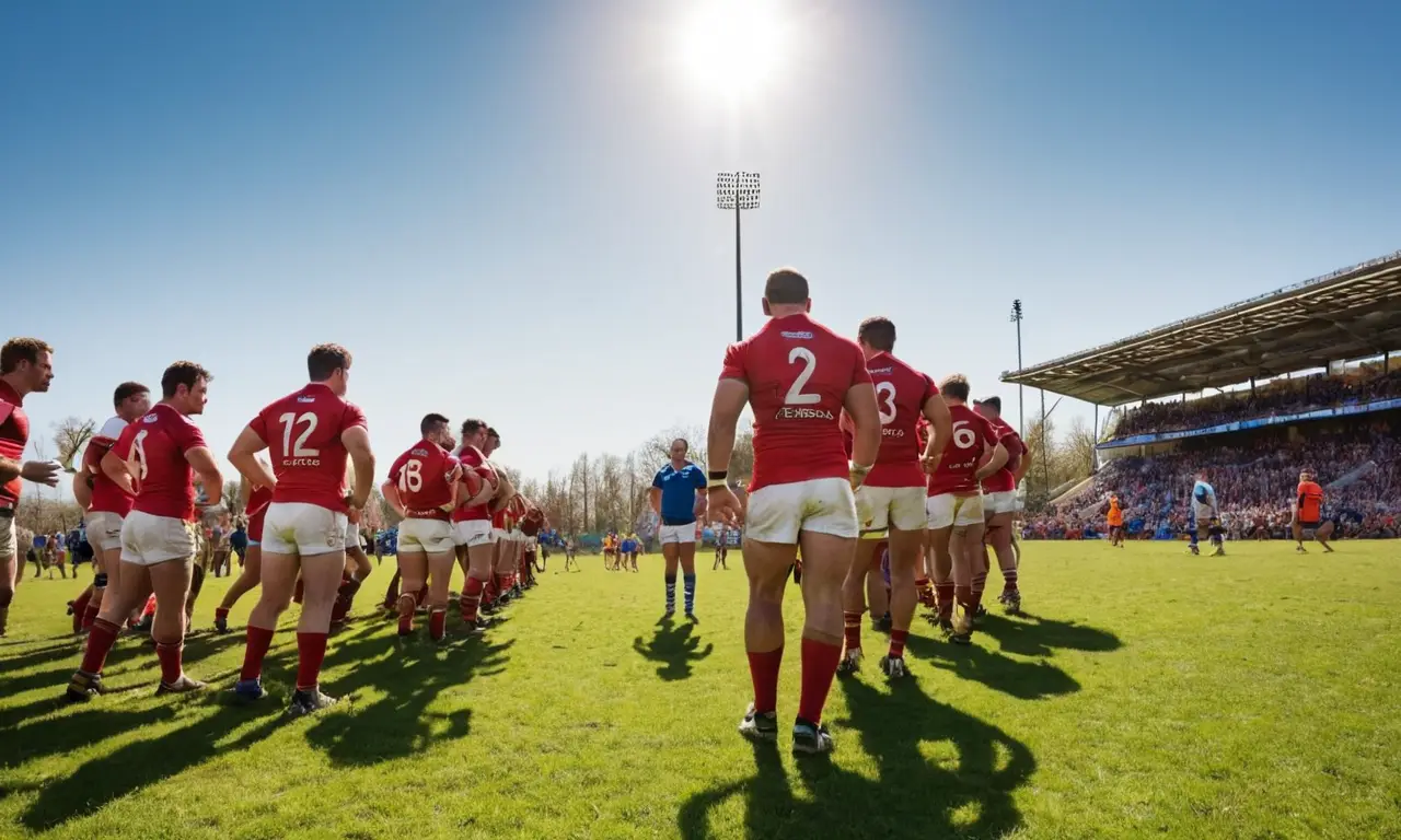 Terrain de rugby vibrant sous un ciel clair