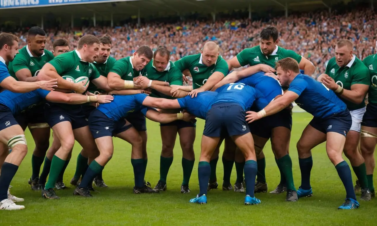 Terrain de rugby vibrant sous un ciel bleu