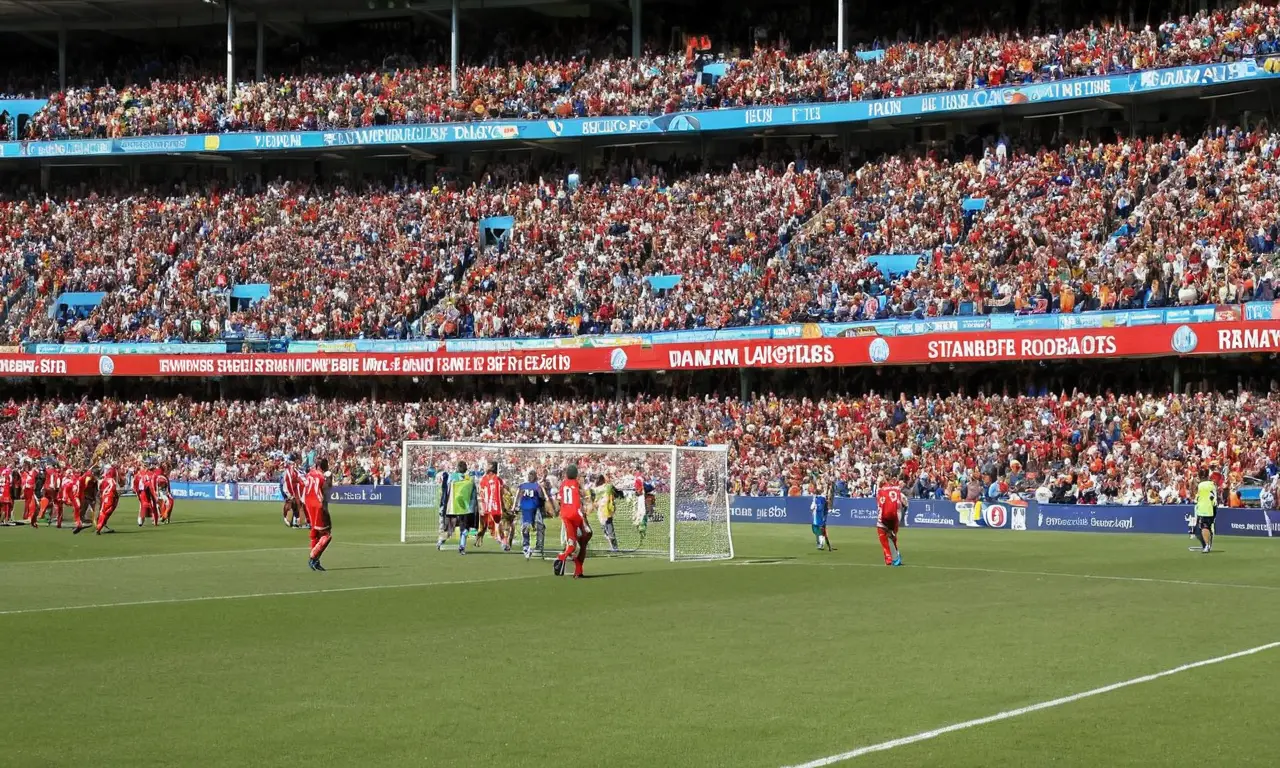 Terrain de football vivant sous un ciel bleu