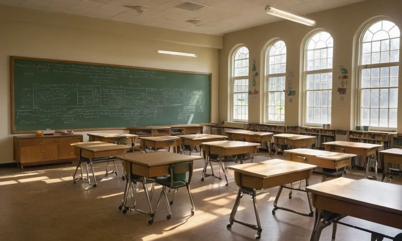 Salle de classe lumineuse avec posters scientifiques