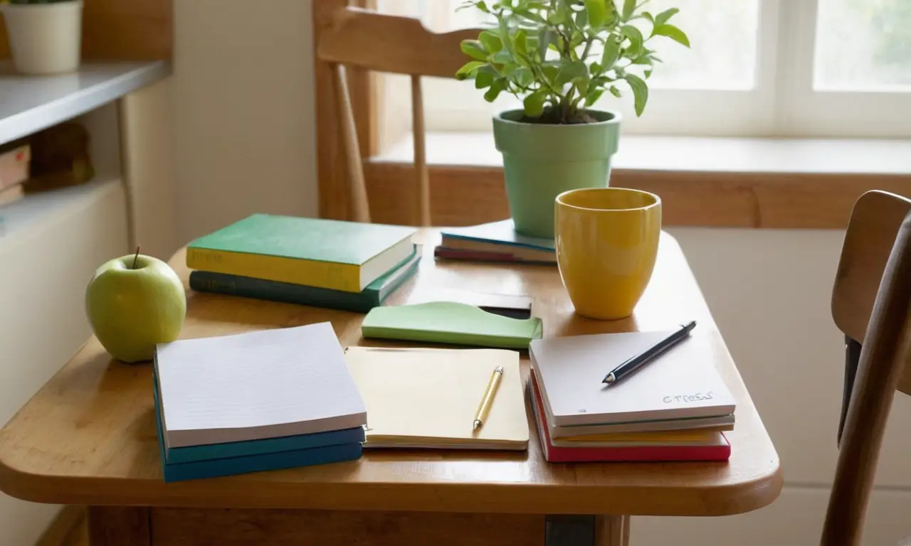 Bureau encombré, lumière douce, ambiance studieuse