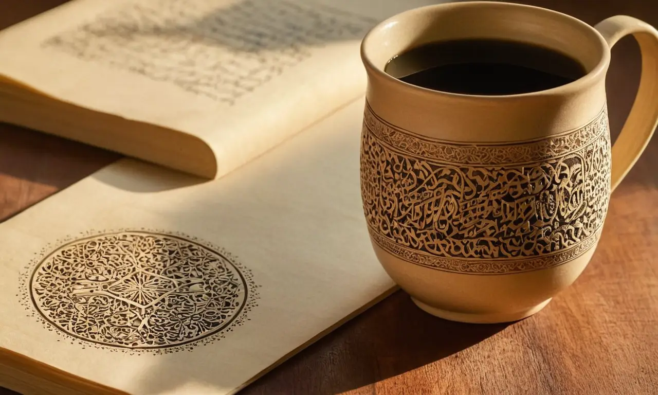 Table en bois, lumière, calligraphie arabe et plantes