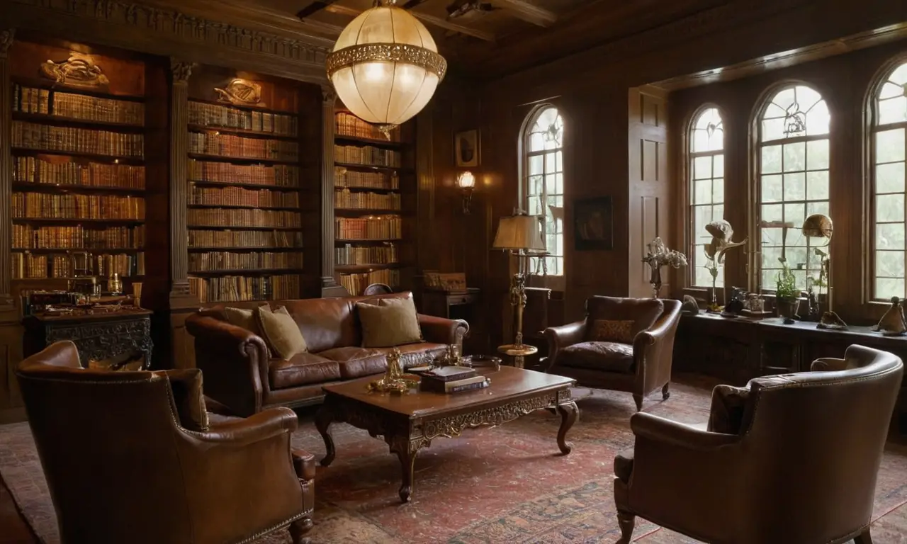 Bibliothèque sombre et élégante, parfum dhistoire