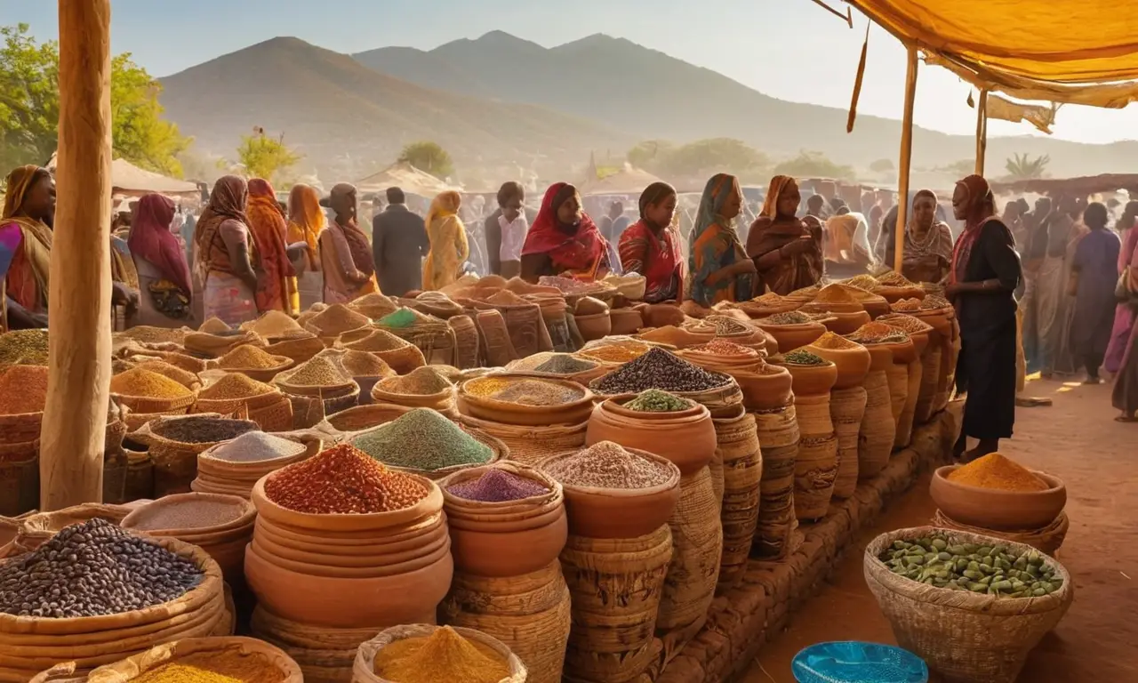Un marché africain vibrant sous un ciel bleu