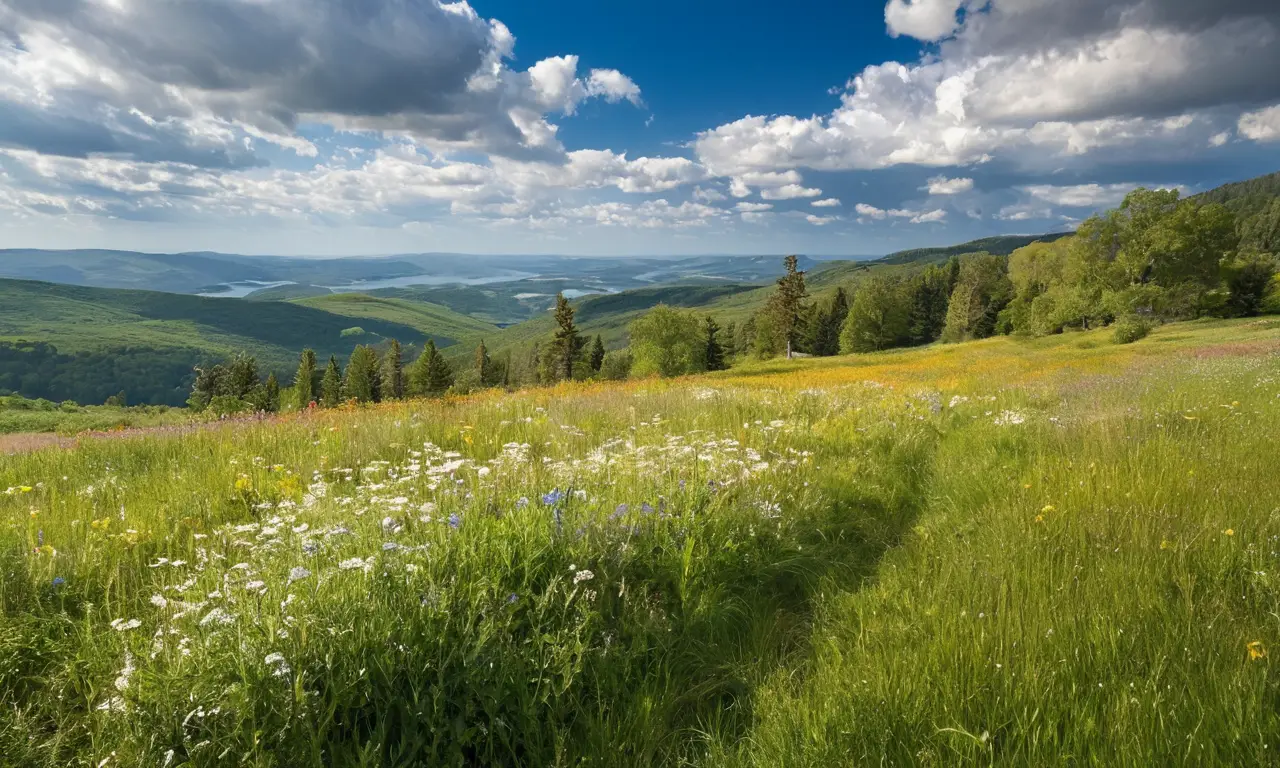 Ciel bleu, nuages blancs, paysage serein et vibrant