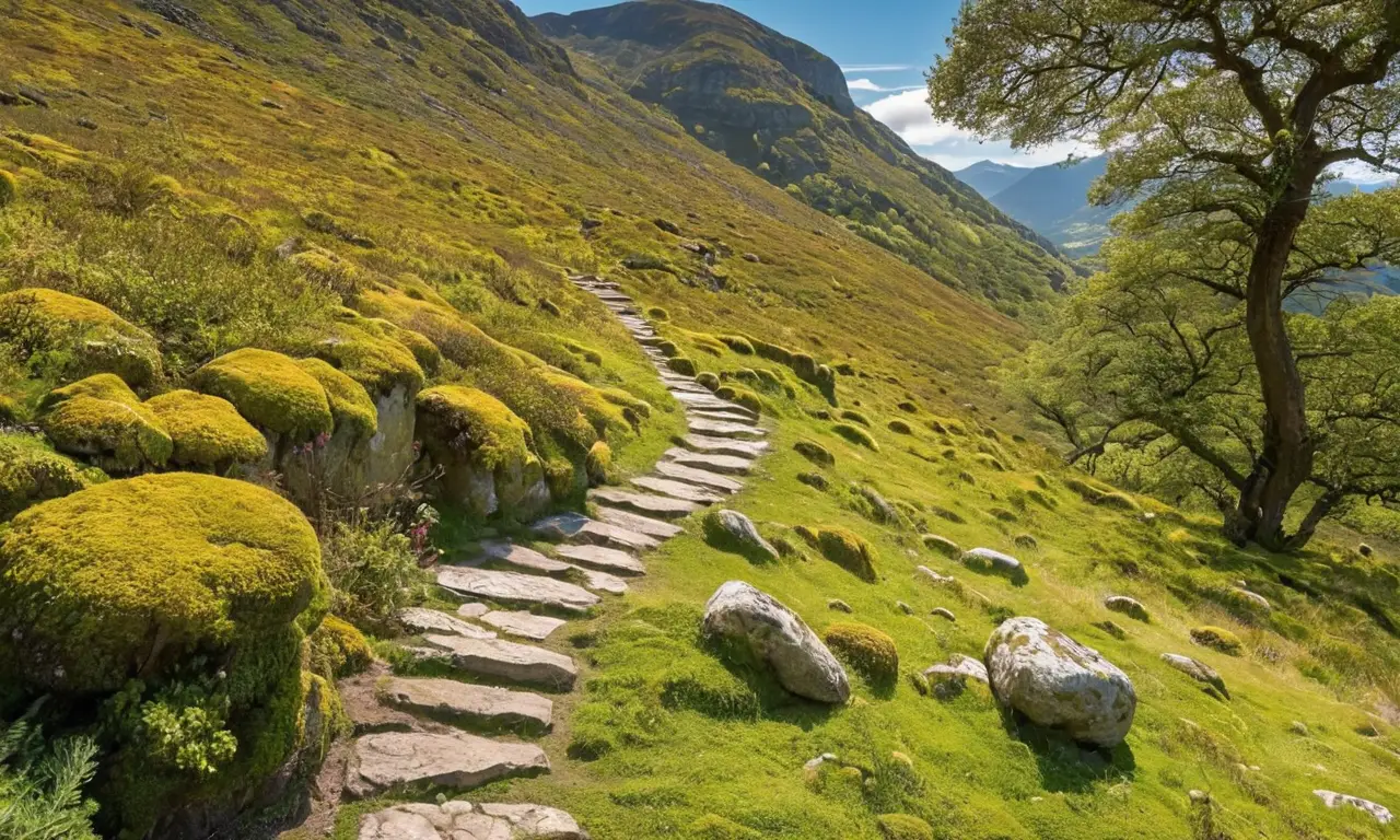Sentier ancien, nature riche et paysage serein