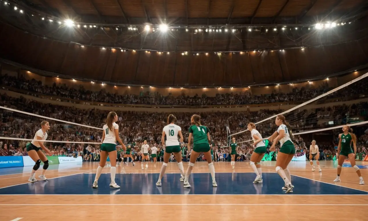 Terrain de volley intérieur avec joueurs en action