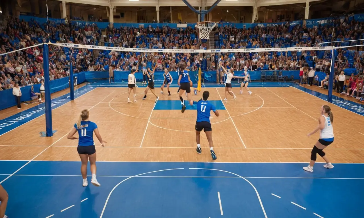 Gymnase lumineux, joueurs concentrés, ambiance compétitive