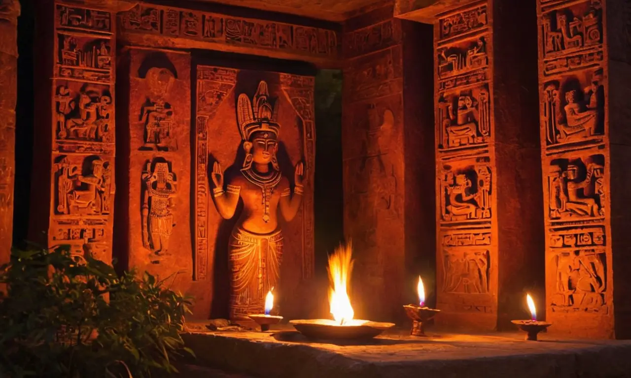 Temple mayan sous un coucher de soleil