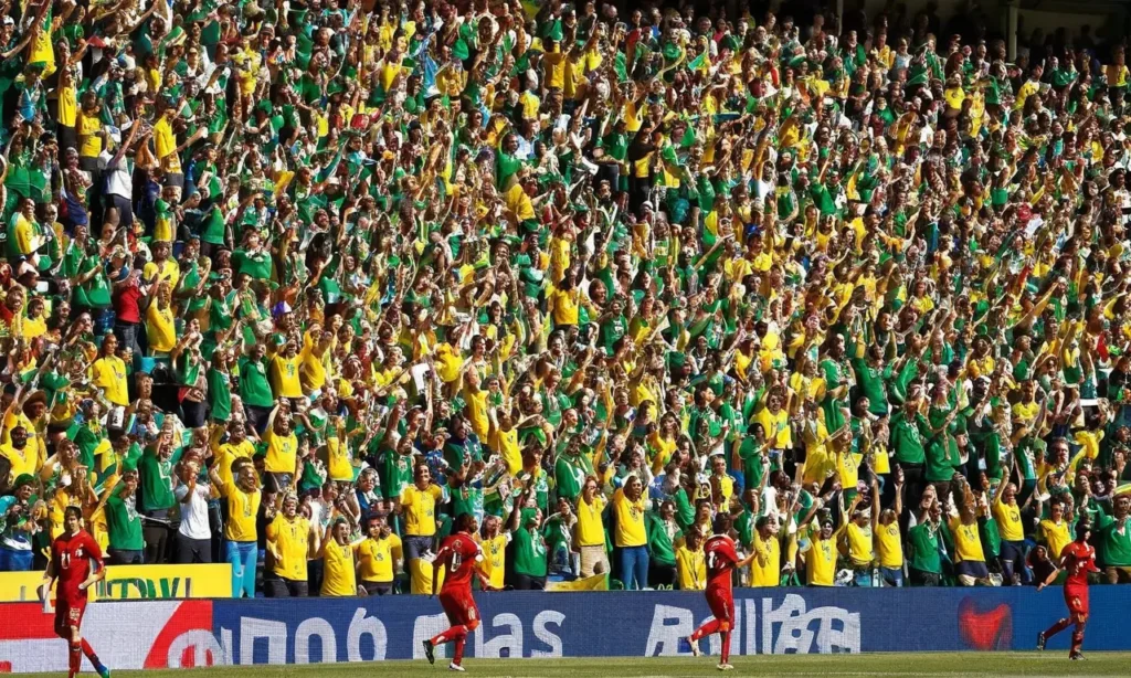 Stade de football vibrant sous un ciel bleu