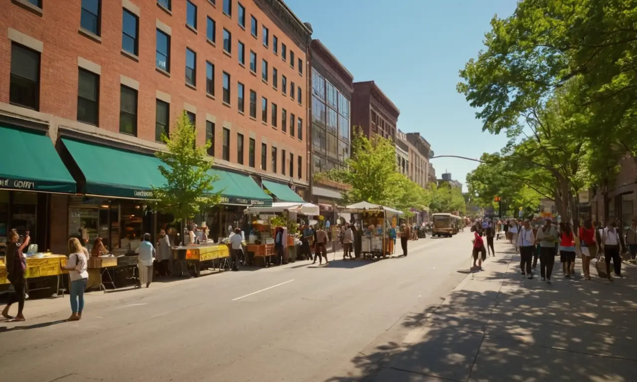 Rue animée avec bâtiments et diversité humaine