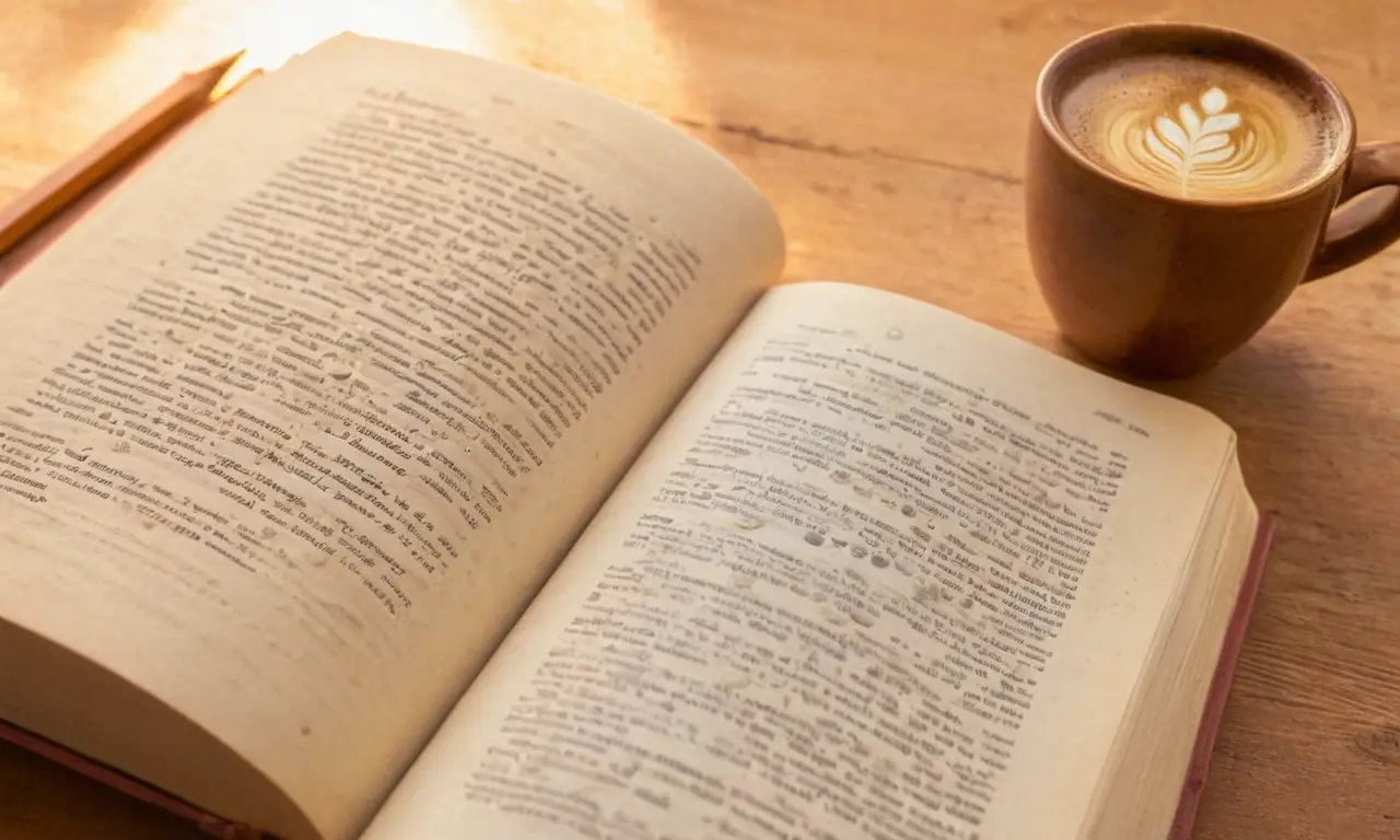 Livre ouvert et café sur une table