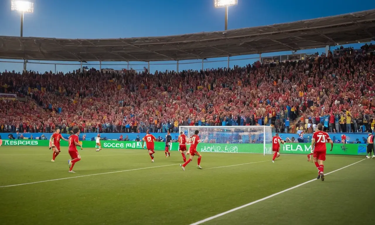 Stade de foot animé sous un ciel bleu