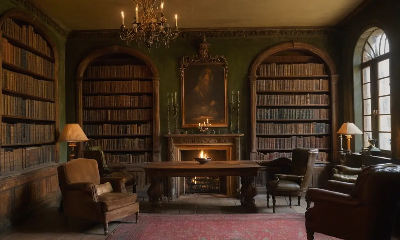Bibliothèque historique, lumière dorée, ambiance solennelle