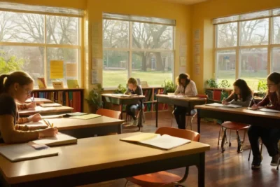 Classe dynamique et lumineuse avec élèves concentrés