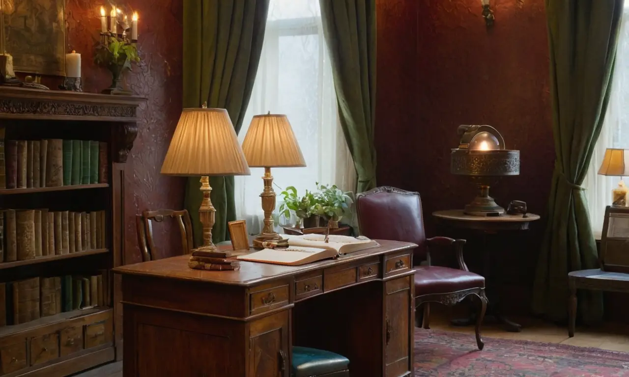 Un bureau sombre, ambiance studieuse et contemplative