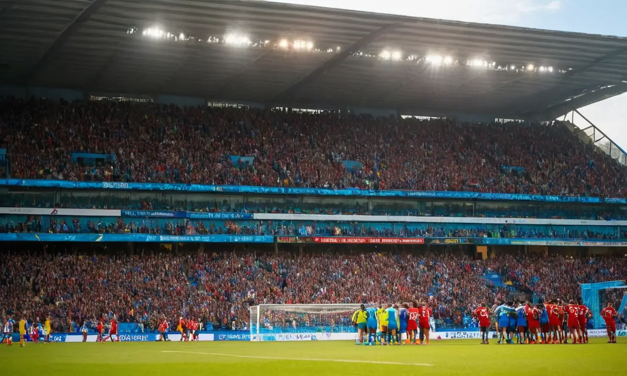 Stade de football vibrant, énergie electrifiante