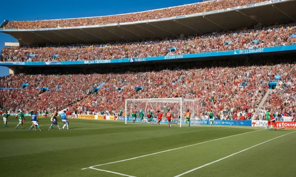 Stade de football vibrant sous un ciel bleu