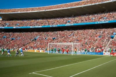 Stade de football vibrant sous un ciel bleu