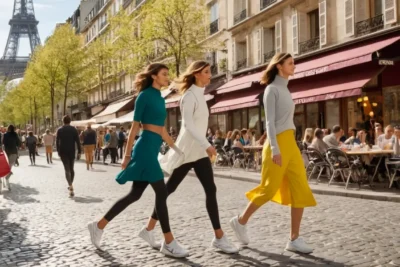 Rue parisienne animée alliant mode et sport