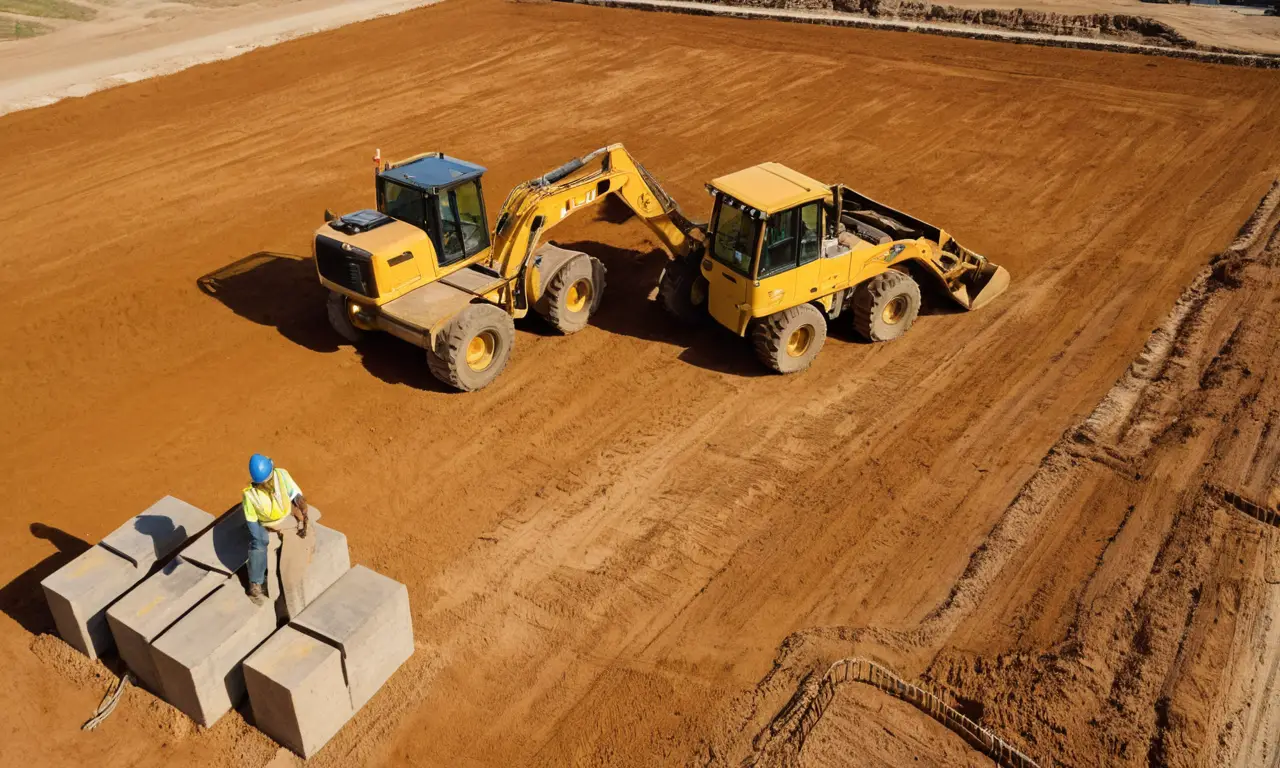Chantier animé avec ouvriers et équipements variés