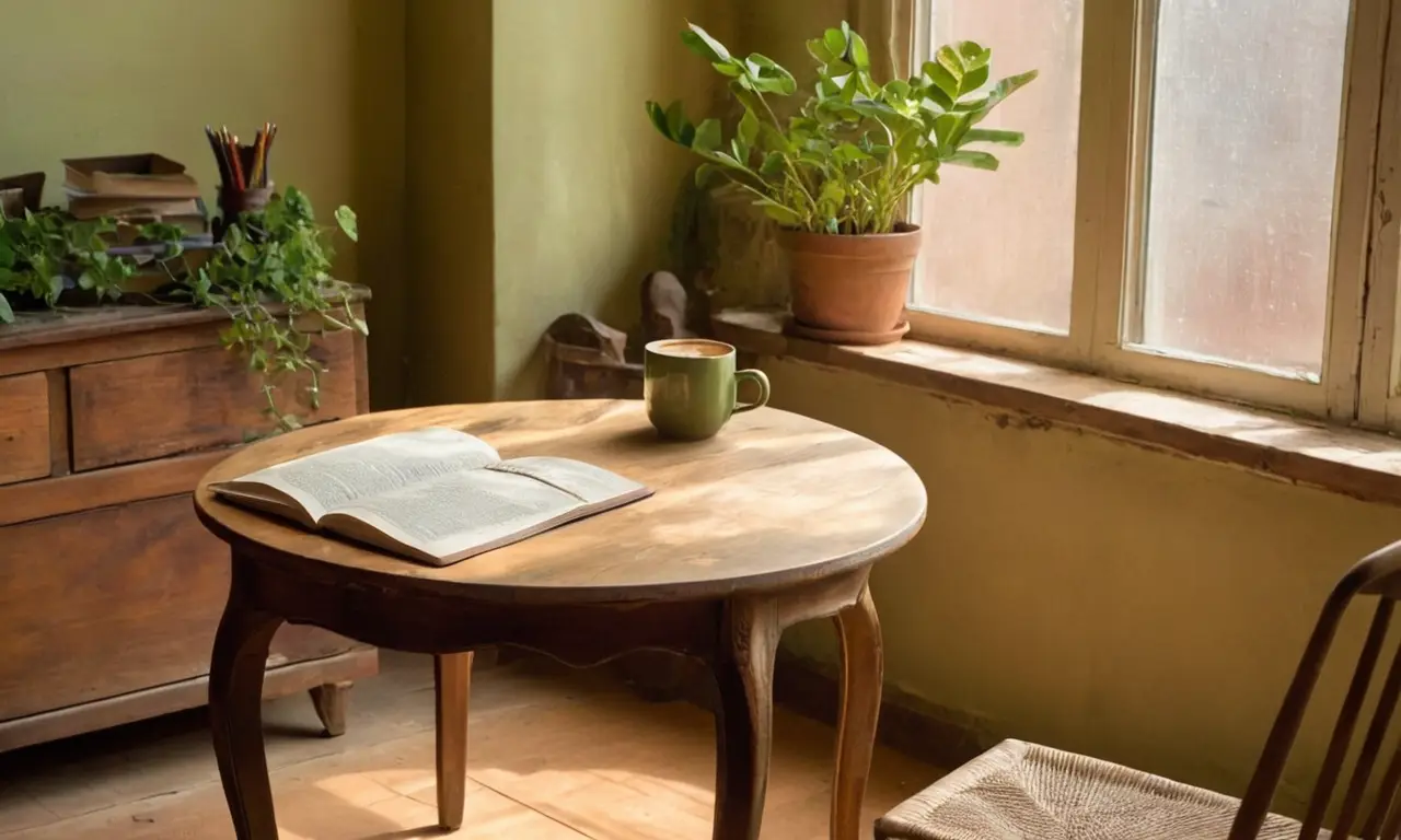Table en bois, livres ouverts, café fumant