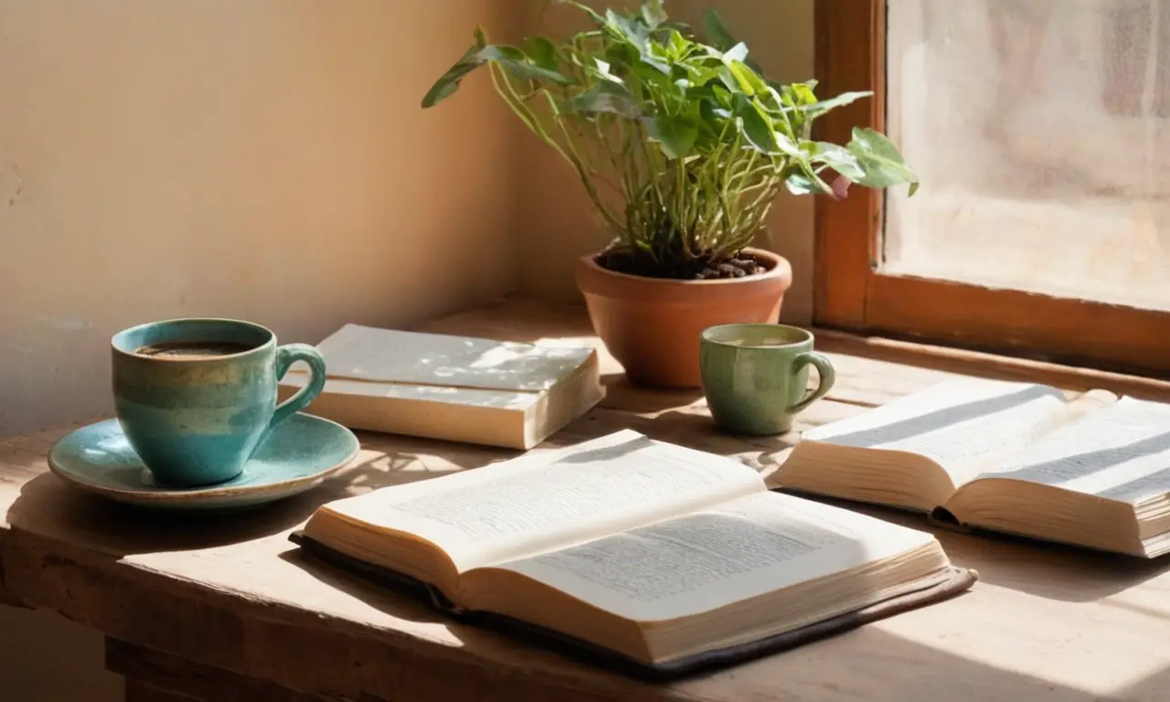 Table en désordre, lumière naturelle, atmosphère contemplative