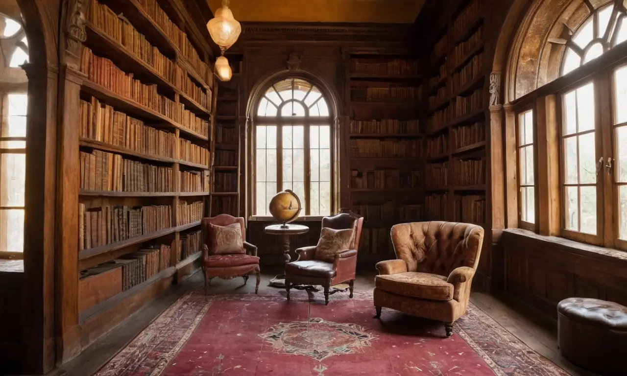 Bibliothèque chaleureuse, livres anciens, lumière dorée