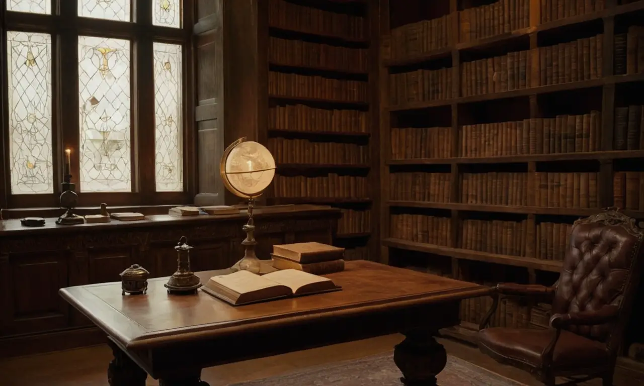 Bibliothèque sombre avec livres et atmosphère sereine