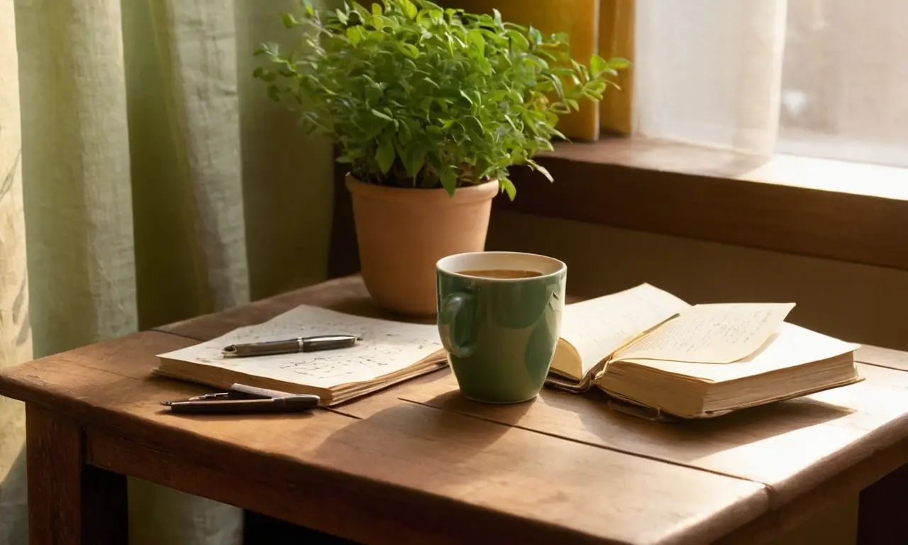 Table en bois, café fumant, ambiance chaleureuse
