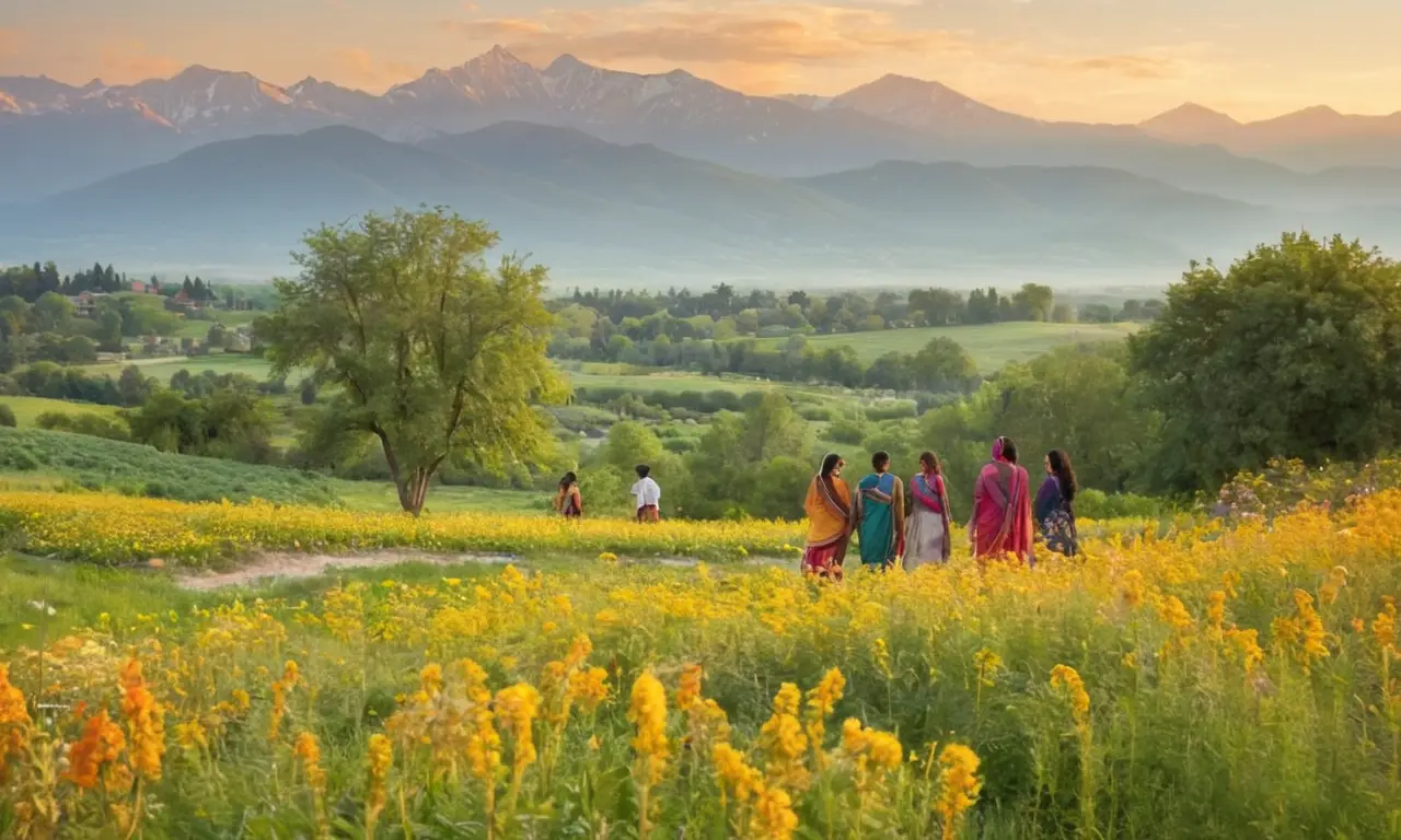 Paysage verdoyant avec diversité humaine et calme