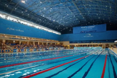 Scène aquatique vibrante avec nageurs alignés