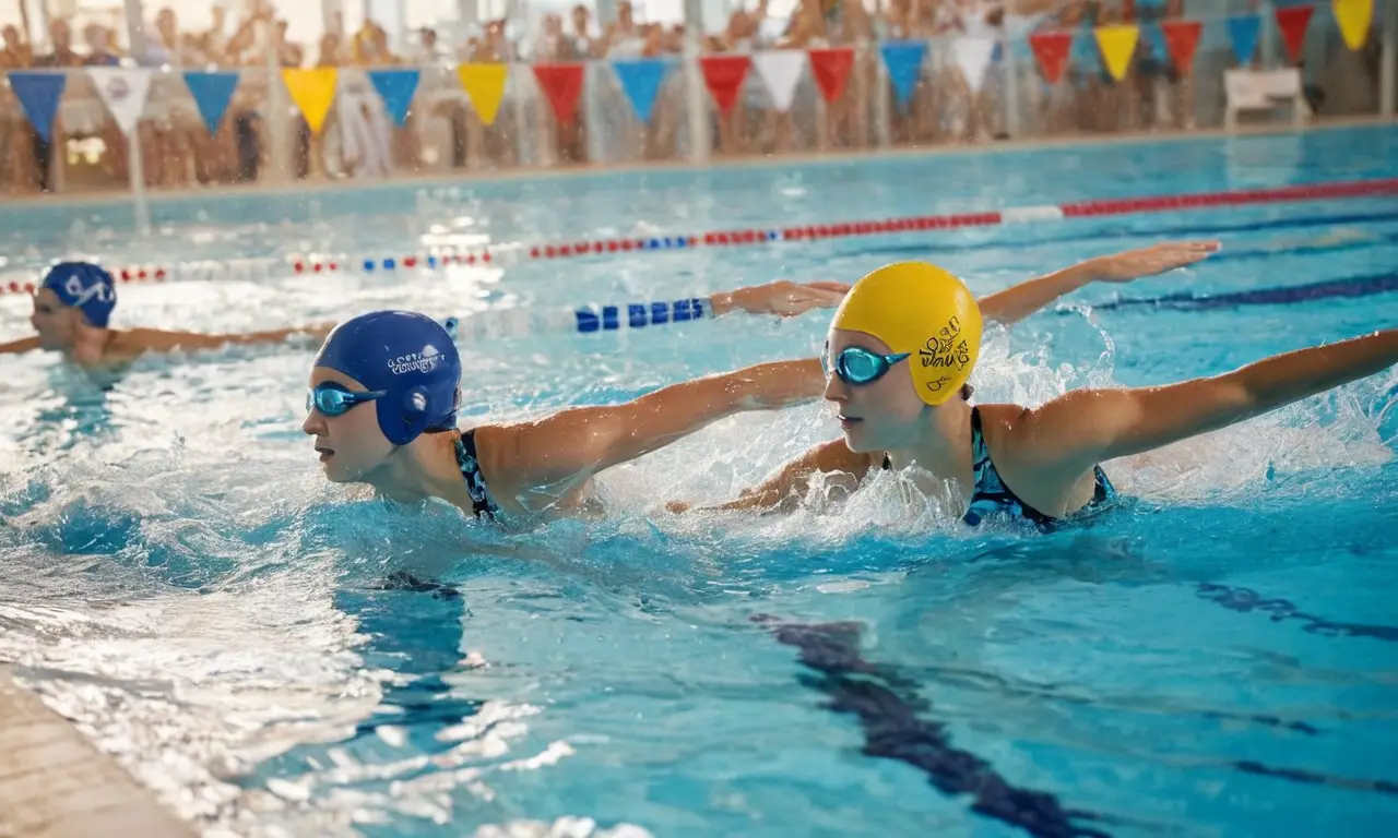 Piscine olympique éclatante, ambiance palpable dexcitation