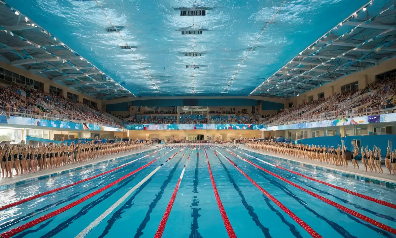 Une piscine olympique animée avec des nageurs