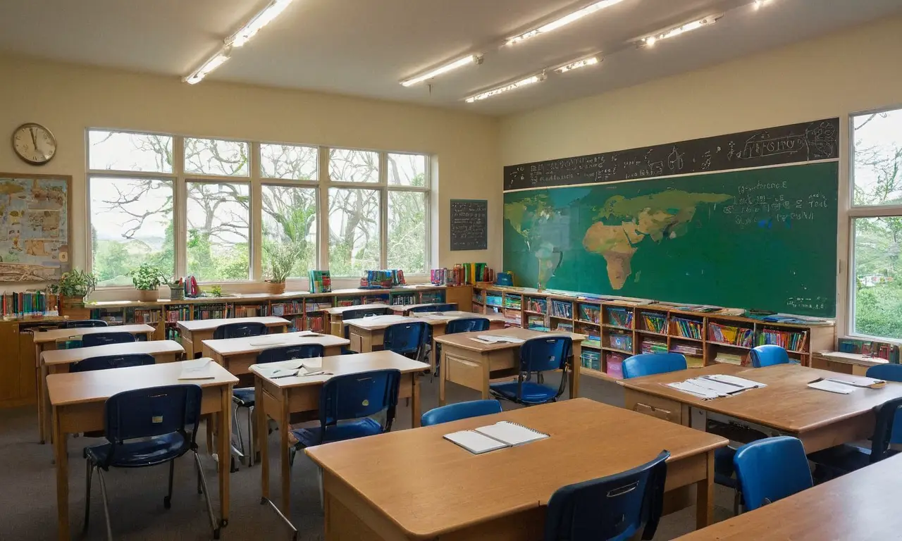 Salle de classe lumineuse, élèves attentifs