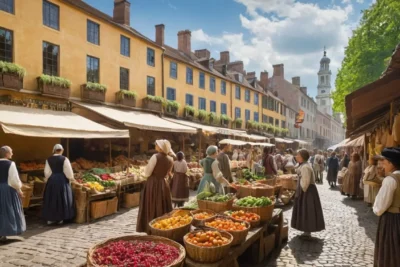 Scène de marché animé du XVIIIe siècle